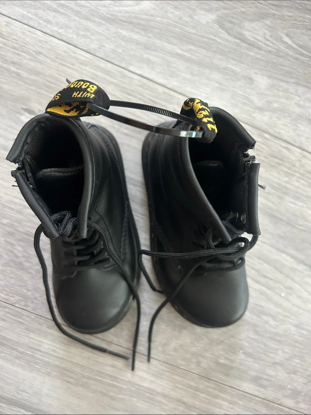 Dr. Martens Toddler 1460 Black Leather Lace-Up Boots with Yellow Stitching Sz 9